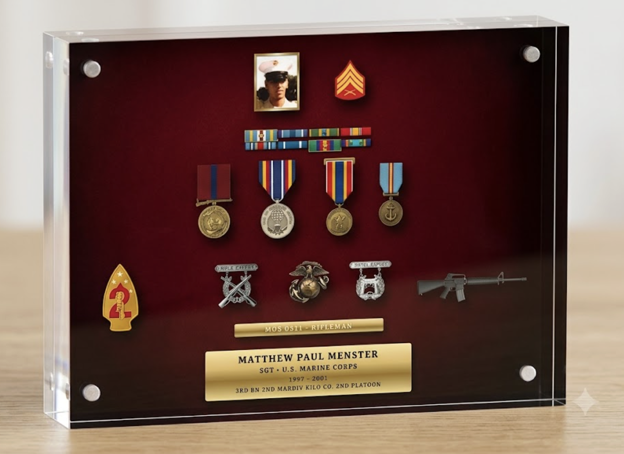 Valor Block™ — Custom military desk display with ribbons, medals, and badges